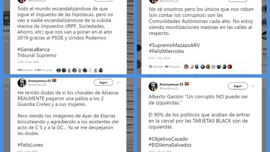 Recopilación de los últimos tuits de @anonimus_es, junto a su mensaje sobre #ElDilemaSalvados, el más retuiteado de la conversación.