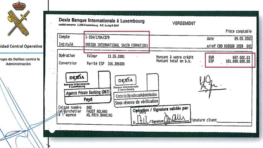 Resguardo del ingreso en Dexia Banque Internationale de los 600.000 euros que llevó Juan Cotino al despacho de Beatriz García Paesa en Luxemburgo.