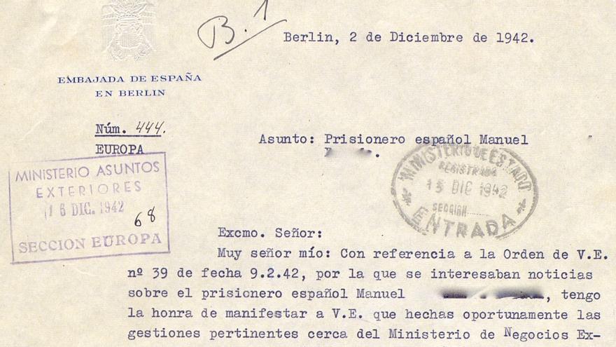 Respuesta a la petición de libertad de un prisionero español en la que se comunica que ha fallecido en Mauthausen 