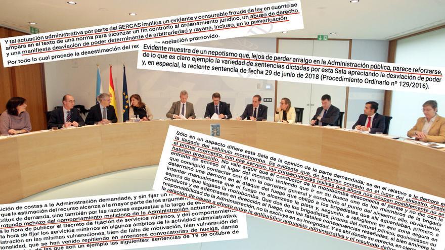 Reunión del Gobierno de Feijóo y fragmentos de sentencias contra la Xunta