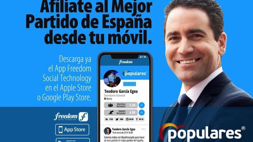 Teodoro García Egea, secretario general del PP, promocionando el uso de Freedom App.