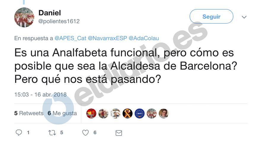 Tuit de Daniel Rodríguez sobre Ada Colau. 