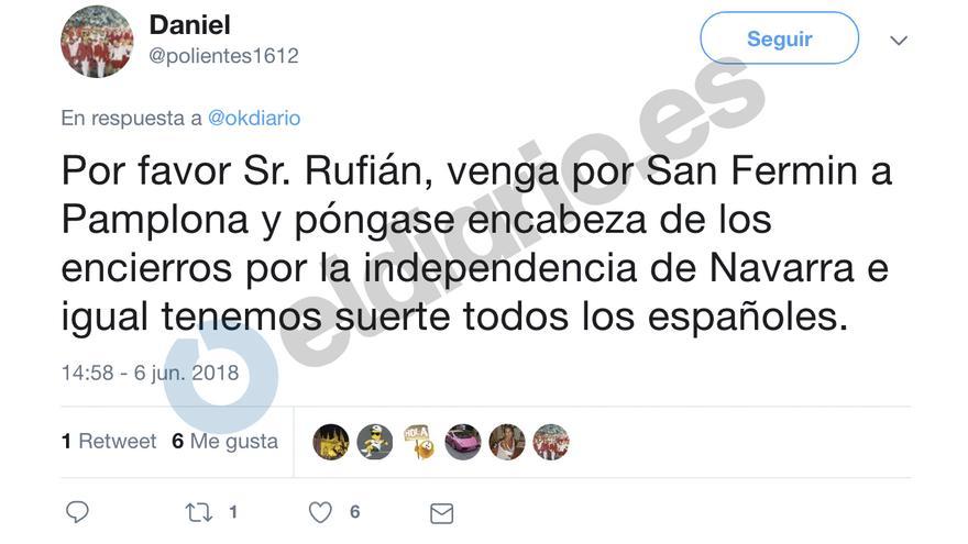 Tuit de Daniel Rodríguez sobre Gabriel Rufián. 