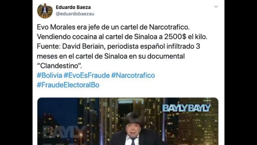Tuit de Eduardo Baeza que reproduce información falsa sobre las conexiones de Evo Morales con el narcotráfico, compartido unas 13.500 veces.