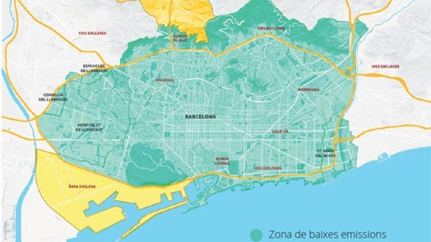 En verde, la Zona de Bajas Emisiones (ZBE) que incluye Barcelona y municipios colindantes