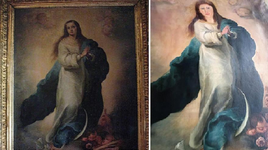 El cuadro de Murillo, antes y después de la supuesta restauración.