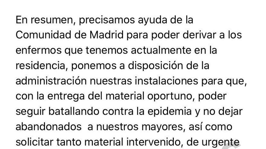 Otro fragmento de la misiva enviada a la presidenta de Madrid el 16 de marzo. 