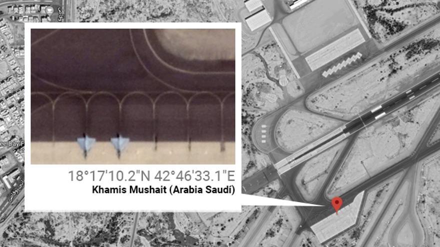 Dos cazas saudíes geolocalizados en la base del Rey Khalid, situada cerca de la frontera con Yemen, el pasado 10 de julio de 2019.