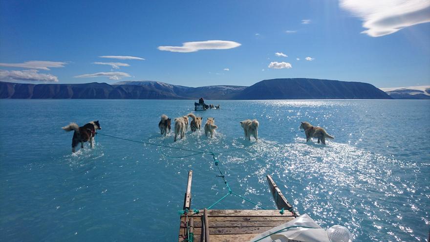 La imagen que muestra el agua derretida sobre el mar de hielo de Groenlandia