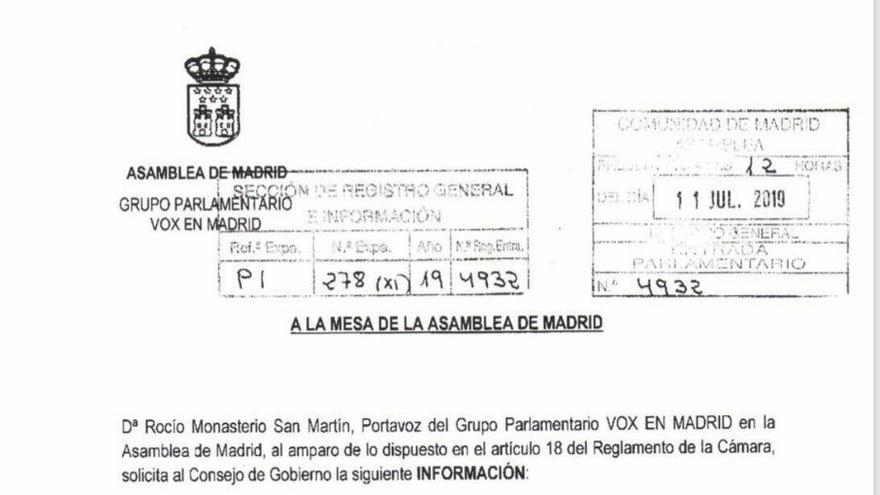 La peticiÃ³n registrada por RocÃ­o Monasterio a la Mesa de la Asamblea de Madrid